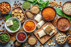 Image Assortment of vegan, plant based protein food including tofu, tempeh, lentils, beans, and chickpeas, vegan, plant based, protein.