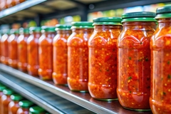 Image dips in glass bottles on a supermarket shelf.