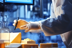 Image scientist's hand analyzing cheese.