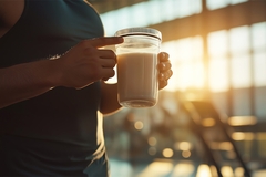 Image Person with healthy beverage in gym.