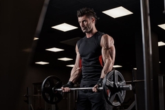 Image A man curls a barbell in the gym.