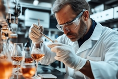 Image a scientist examining wine in the lab.