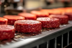 Image meat patties on a conveyor belt.