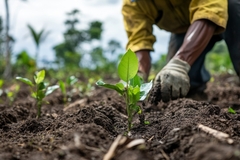 Image a farmer's hand analyzing soil.
