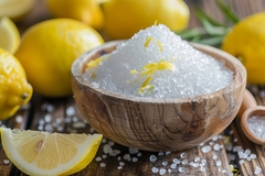 citric acid in a wooden bowl and a slice of lemon.