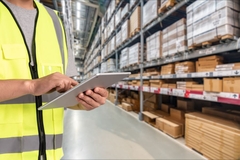 Image A person in a safety vest holding a tablet in a room with boxes