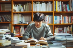 boy studying on desk full of books