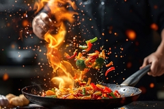 Image Wok pan with flying ingredients in the air and fire flames.
