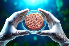 Image a hand wearing a glove and holding cultivated meat in a petridish.