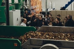 A group of people in a factory with many leaves.
