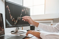 Image A hand pointing at a graph on a computer.