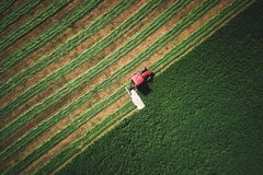 Image tractor mowing a green field.