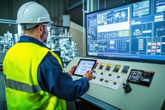 Man in yellow vest holding tablet in front of packaging machine.