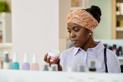 Image A woman holding a pot of skin care in a store.