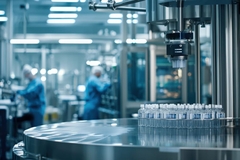 Medication in glass on production belt.