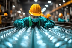 Image Woman wearing protective gear lookig at glass at manufacturing site.