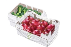Image A pair of white crates with red fruits and broccoli