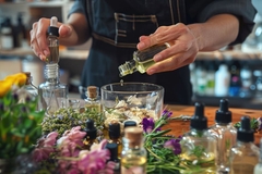 A man using oils to make a fragrance surrounded by flowers.