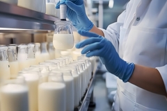 Image a scientist's hand testing milk in the lab.