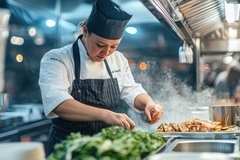 Image a female chef working in the kitchen.