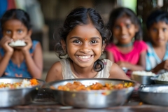 Image Smiling sri lankan girl in front of plates of food