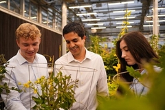 two men and a woman in a plant research centre.
