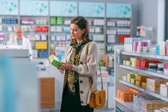 Image A woman buys supplements in a store.