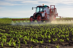 Image a tractor spraying pesticides on a field.