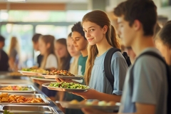 Image School kids lined up holding trays in canteen
