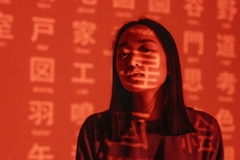 Image Chinese characters overlaying a woman in long sleeves.