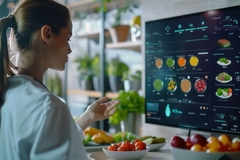 Image A woman selects foods from a computer.