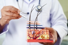 Image doctor holds a model of sebaceous gland and skin