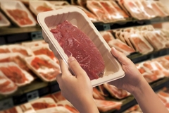 Image Holding meat in fiber-based tray packaging.