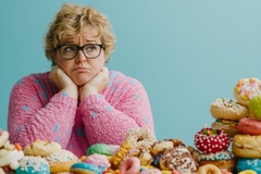 Image Person surrounded by sugary snacks, reflecting on the challenge of controlling sugar intake and weight.