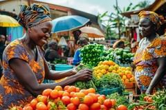 Image Woman in africa happily buys vegetables in market