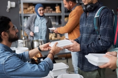 Image people in line receive food box