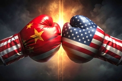 Image Boxing gloves with US and China flags.