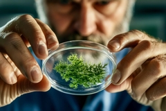 man holds up a petri dish with plant culture growing in it