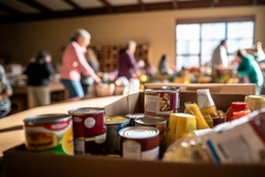 Image boxes of food aid in community center