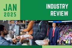 Image January Industry Review Slider with people being given food in Gaza and Trump standing with his back to his followers.