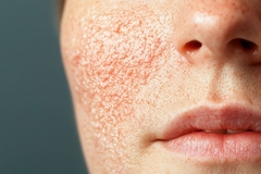Image A zoomed in woman's face with a red cheek.