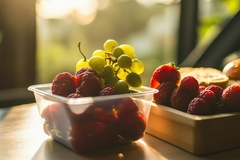 Image A bowl of fruit and a slice of bread.