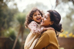 Image Indian woman and daughter in her arms laugh