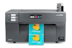 Image black printer with bright blue sticker showing oranges on it