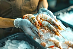 Image a hand holding prawns over ice blocks