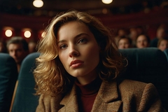 woman face watching screen in cinema