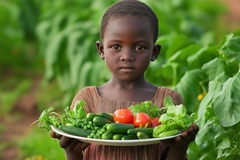 Image young african girl holds a plate of fresh veggies picked off farm