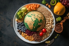 Image Earth laid on a plate surrounded by nutritious food