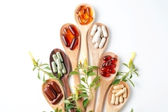 Image Various capsules next to plants with different ingredients inside them.