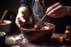 Two hands mixing chocolate ingredients in a bowl